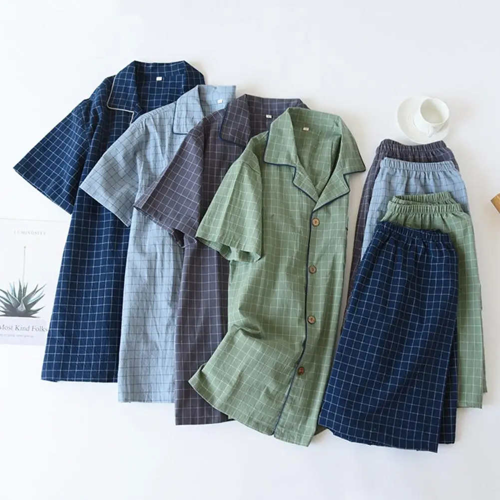 Spring Summer Men's Pajamas Short Sleeved Top and Pants Washed Cotton Simple Plaid Home Service Suit men pyjamas