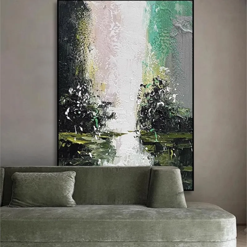 

Handmade Painting Dark Green Abstract Entrance Modern Minimalist Living Room Background Wall Slightly Luxury