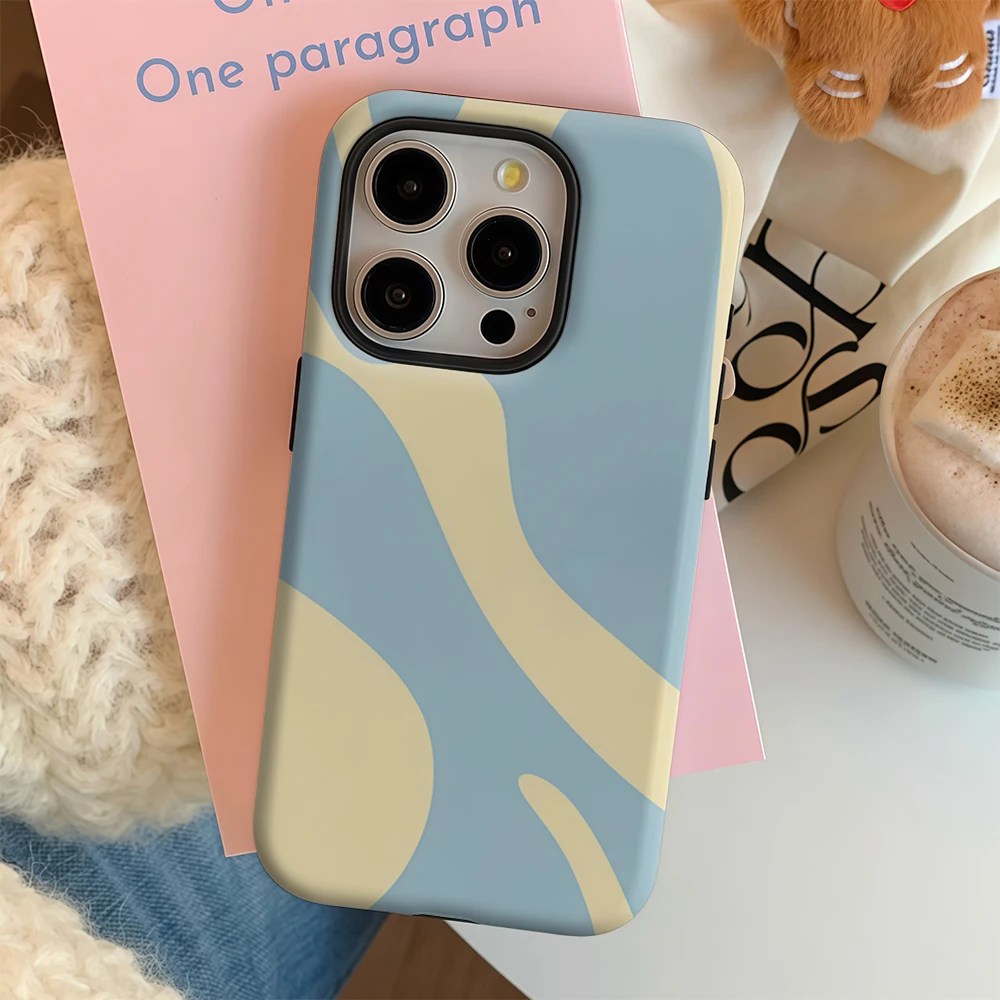 Luxury Double-Layer Phone Case with Blue and Yellow Wave Design