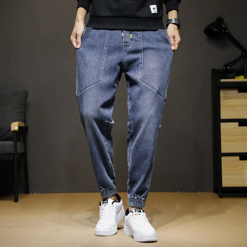 Men's Cotton Jeans Hip Hop Casual Elastic Waist Denim Pants Straight Jooger Streetwear Full Length Pants Oversize M-5XL Trousers