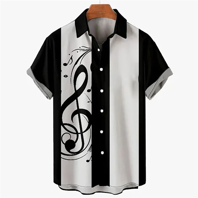 thumbnail image 1 of Camisa de verano para hombre 2024, camisetas hawaianas de manga corta con estampado de notas musicales para niños y niñas, camisetas de viaje para la playa, ropa informal con solapa, 1 of 4
