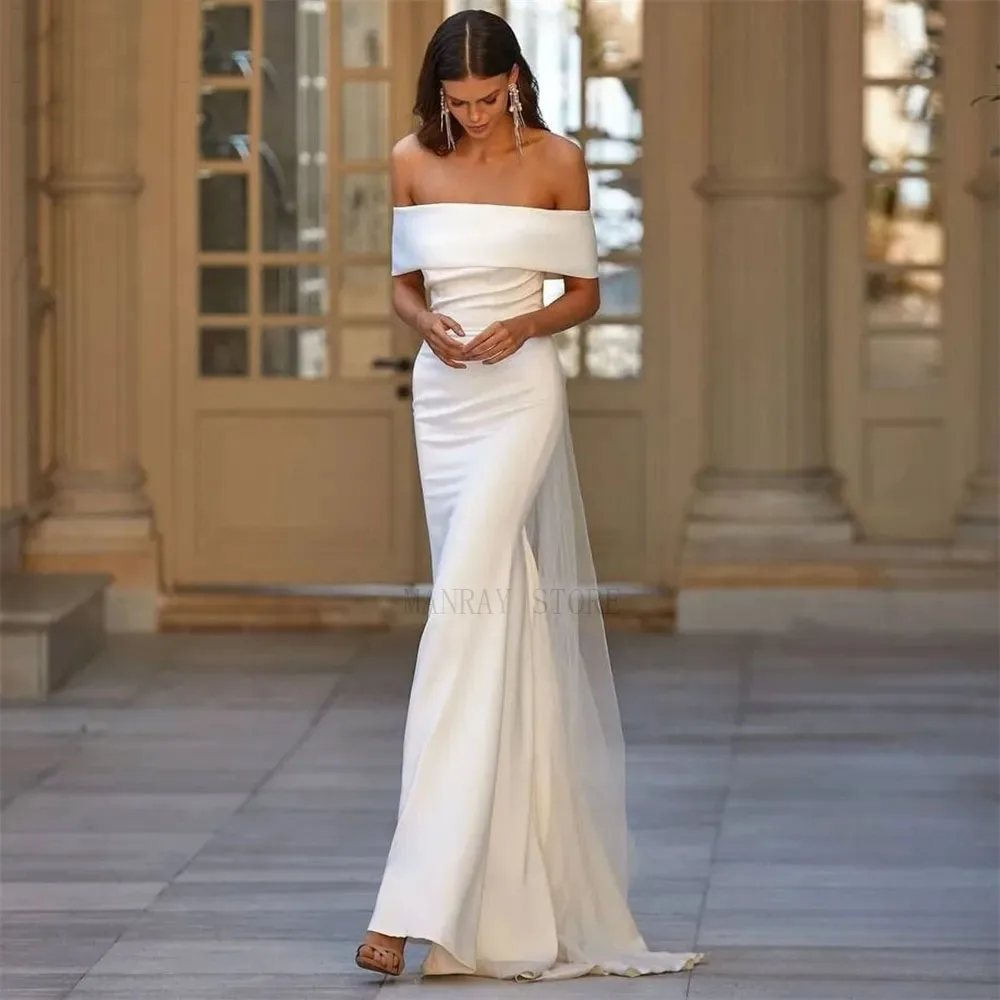 

MANRAY Elegant Mermaid Wedding Dress For Women 2023 Off Shoulder Backless Minimalism Bridal Gown Simple Crepe Sweep Train
