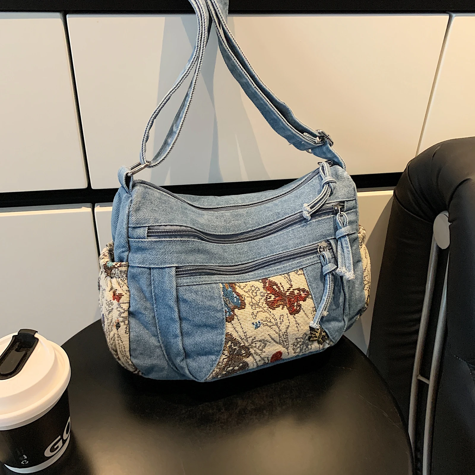 Denim Shoulder Bag Large Tote Bag with Adjustable Strap Crossbody Bag for Women Work Shopping Travel