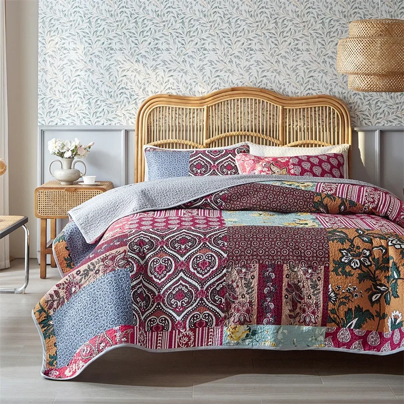 3pcs Set Ultrasonic Wash Cotton Printed Pastoral Quilted Bedspread Soft Breathable Bedsheet 2 pcs pillowcase