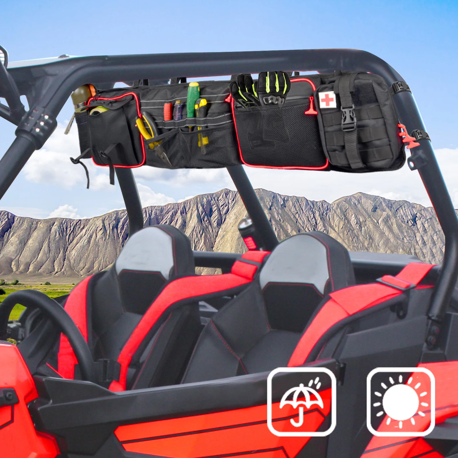 

UTV Large Roll Cage Organizer Cargo Rear Storage Bag Gear Bags First Aid Pouch with Reflective Strip For Most Full Size UTVs