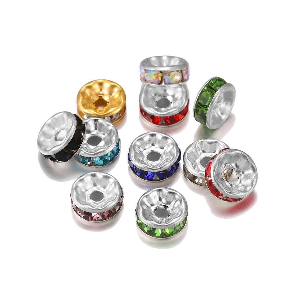 200Pcs Silver Plated Rondelle Spacer Beads - 10mm AB Crystal Rhinestone For Jewelry Making