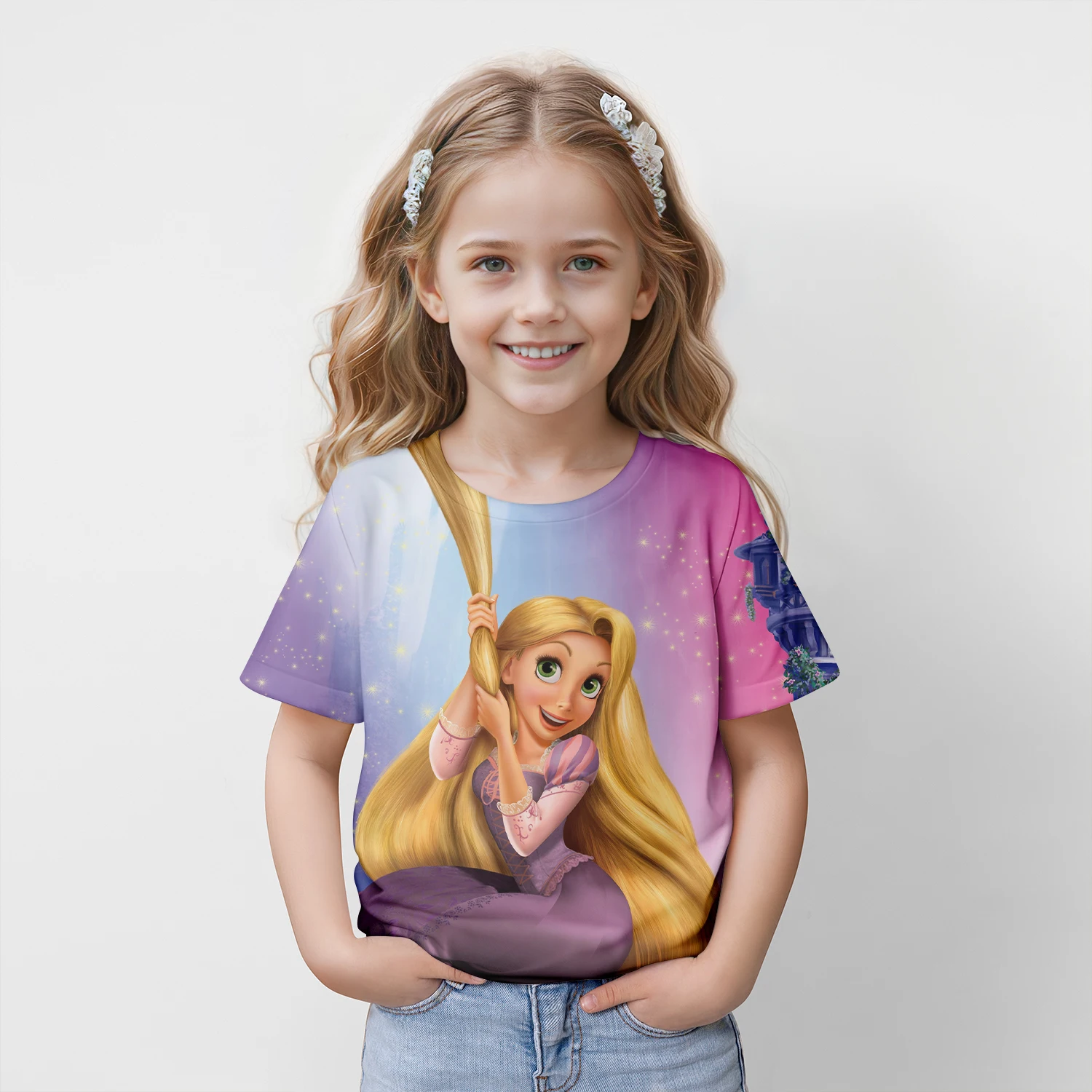 MINISO Disney Princess Rapunzel 2024 Summer 4-14 Years Children Kids Cool Boy Cute Girls Lightweight 3D Print T-Shirt Tops 3