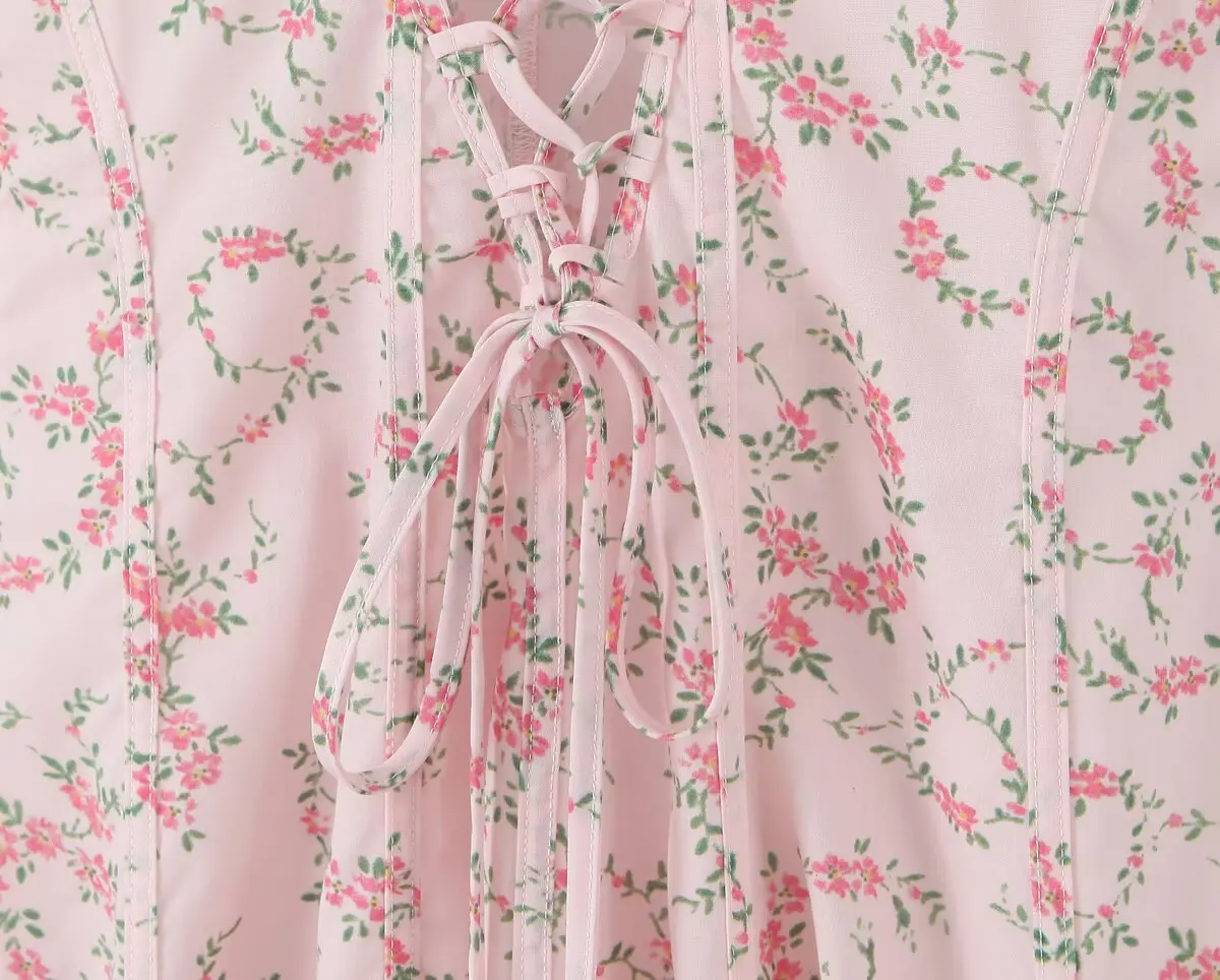 Image of YENKYE Women Lace Up Bandage Back Floral Print Tank Dress Elegant Square Neck Sleeveless A-line Midi Summer Dresses Holiday Robe