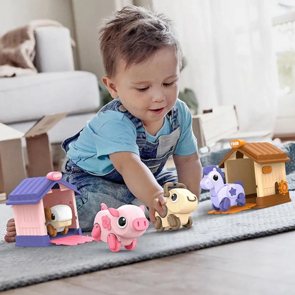 Wind-up Animal Car Toy Press Ejection House Cartoon Animals Spring Clockwork Racing Car Toy Toddlers Boys Girls Birthday Gift