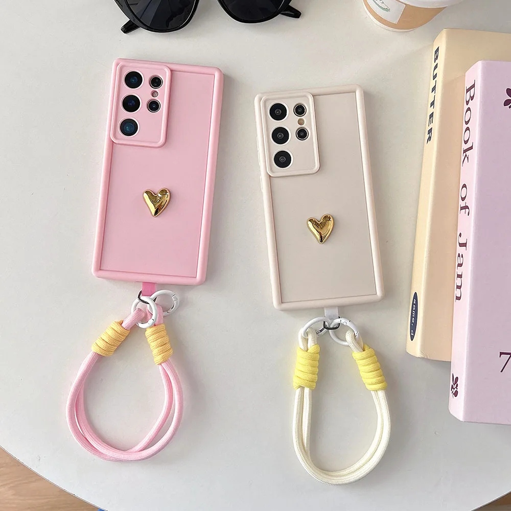 3D Gold Heart Love Wrist Strap Phone Case Cover