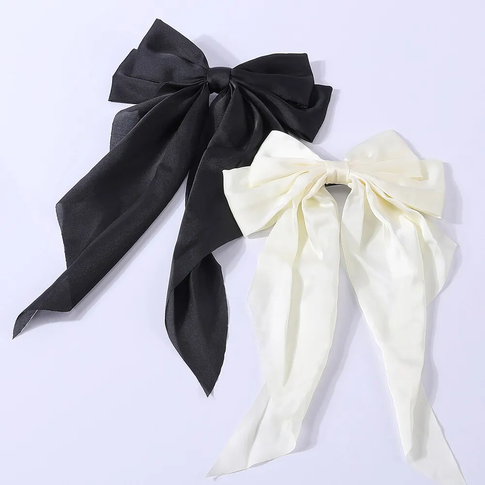 2pcs/set (black & White) Silky Satin Hair Ribbon Bow With Metal