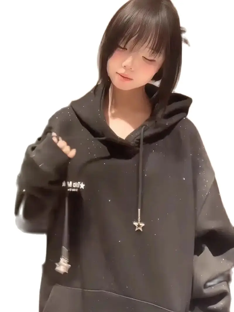 Sequins Loose Hooded Sweatshirt Long Sleeve Pullover Streetwear Hoodies Autumn And Winter