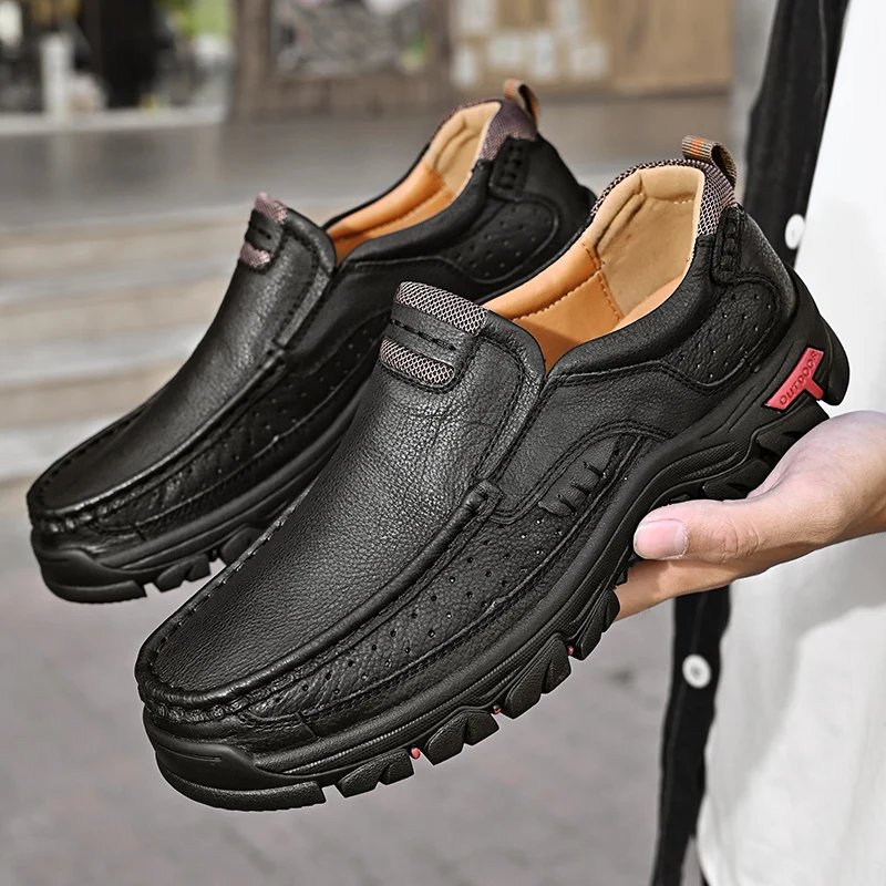 Men's Leather Outdoor Loafers Handmade Dad Shoes Breathable