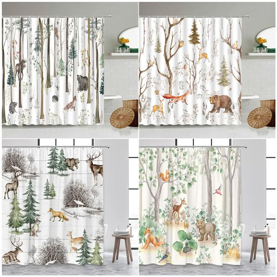 

Forest Animals Shower Curtains Farm Bird Reindeer Fox Squirrel Elk Bear Wildlife Plants Painting Home Decor Bathroom Curtain Set