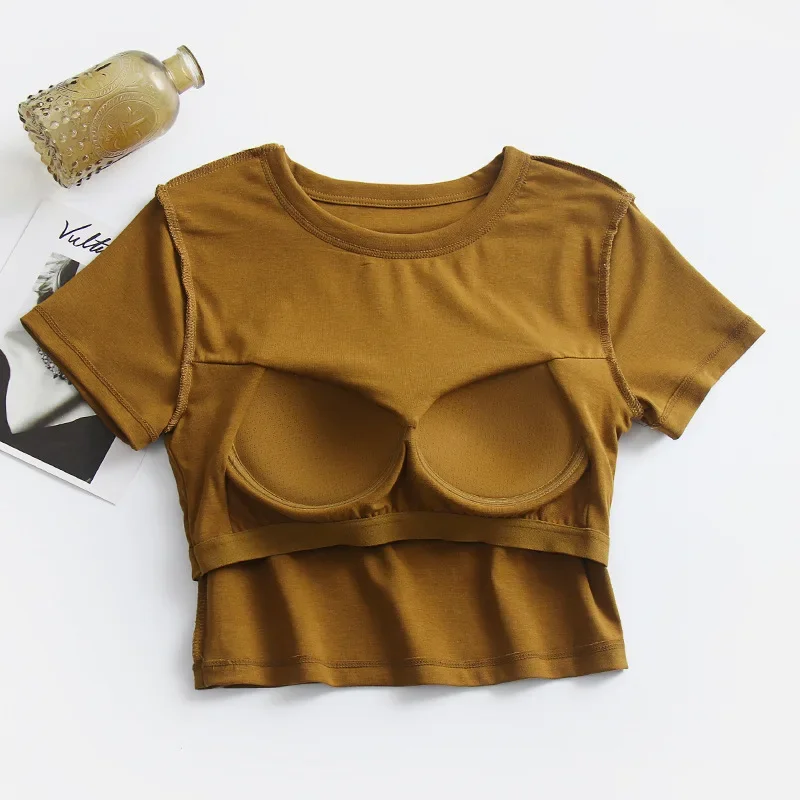 Women's Short Sleeve T-Shirt Summer Short Style with Chest Pad Mini Belly Button Exposure Small round Neck Half Sleeve Base Shir