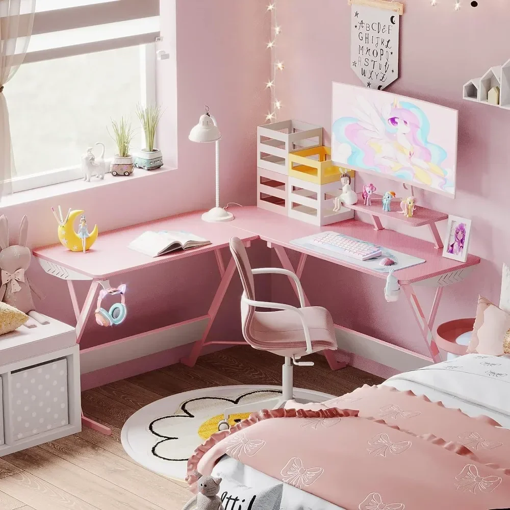 Pink L Shaped Gaming Desk, 51 Inch Gamer Desk Gaming Table with Carbon Fiber Texture, Corner Computer Desk L Shape kids bike 20 inch pink and white