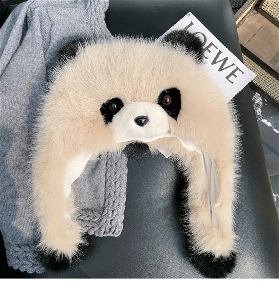 Herbst-Winter Damen Warme Panda-Plüschmütze, Outdoor Ohrenschutz-Hüte, Verdickte Warme Mütze, Mädchen und Damen Ohrenklappe-Mütze, Geschenk – Detail 4