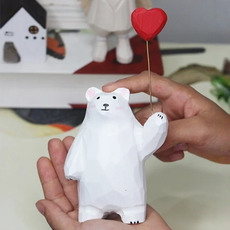 Handwork Wooden Carve Bear Figurine with Heart Crafts Desktop Ornament Office Room Home Decor for Friend Birthday Xmas Gifts 4