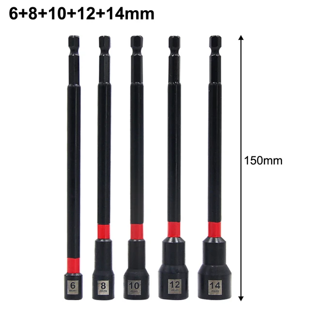 5PCS 6 Inch Magnetic Long Nut Driver 8-14mm For Impact Drill Long Shank Nut Driver Bits Hex Socket Adapter 2
