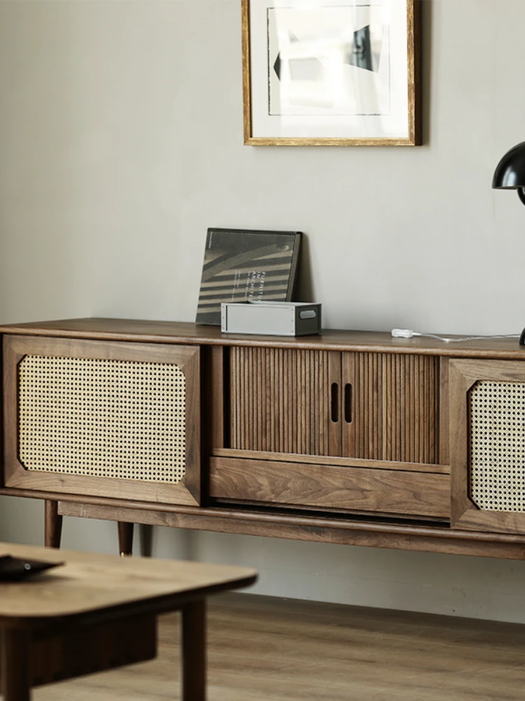 

Solid Wood TV Cabinet North America Black Walnut All Solid Wood Rattan Living Room Audiovisual Cabinet