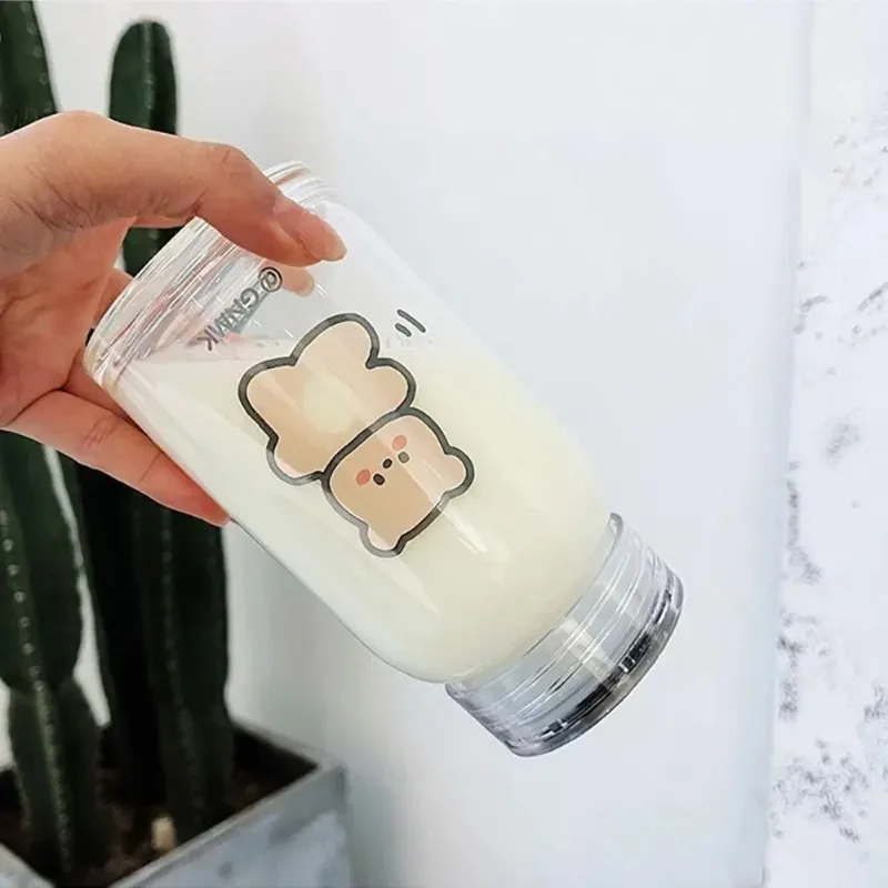 450ml Cute Cartoon Bear Glass Water Bottle Thick Heat Resistance Drinking Bottles Milk Coffee Tumblers for Women Student