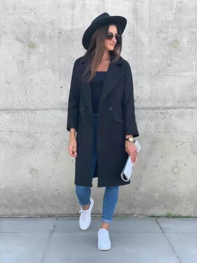 Women's long sleeved pockets decorated with solid colored woolen jackets loose Baidu commuting personalized printed clothing