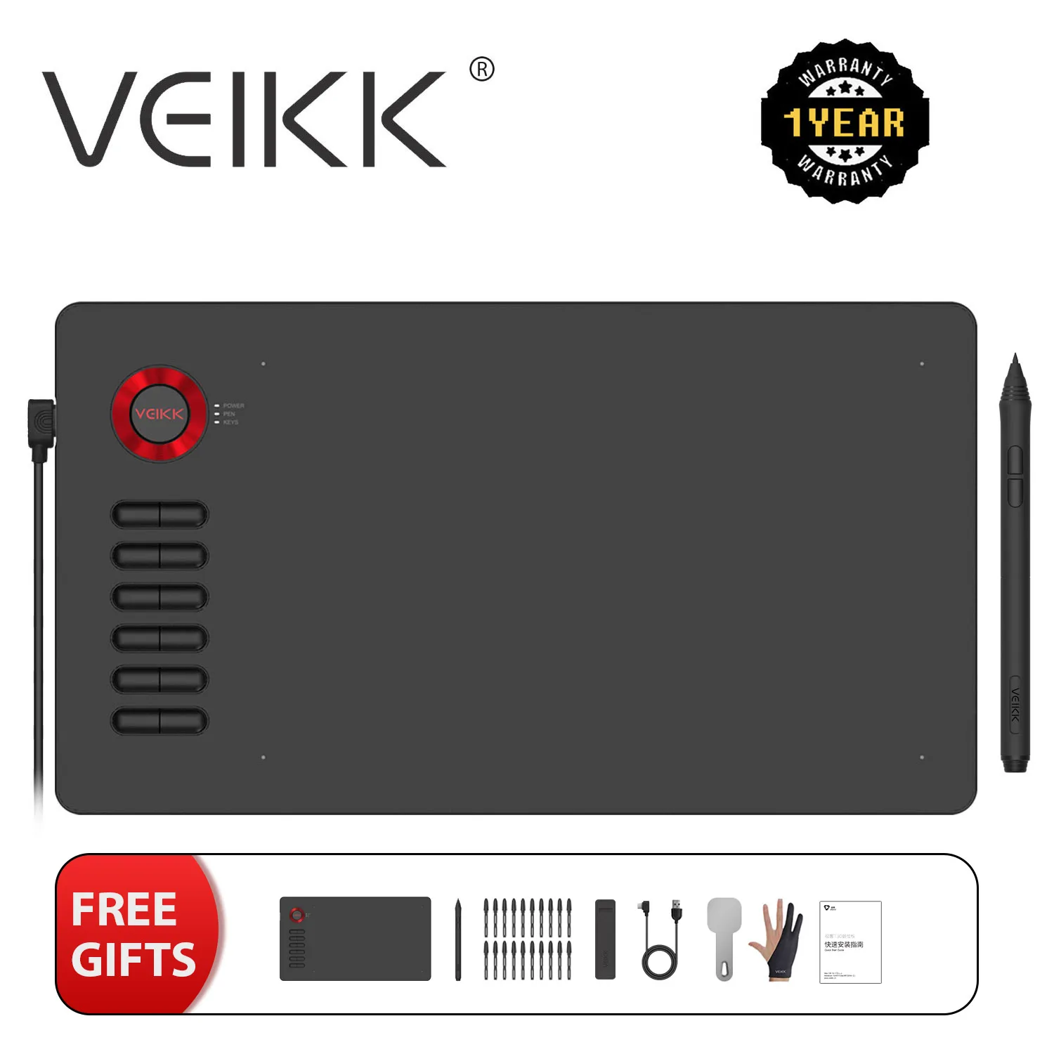 Tablet Gráfico Veikk A15 para Desenho 10 Polegadas Tilt Android Windows Mac 12 Teclas de Atalho Stylus sem Bateria 8192 Níveis