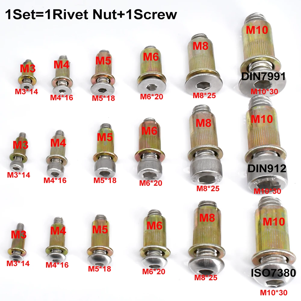 Фото M3-M10 304 заклепка из нержавеющей стали гайка Резьбовая гайка поп Rivnut черная углеродистая сталь фотоболт набор DIN912 ISO7380 DIN7991 №4