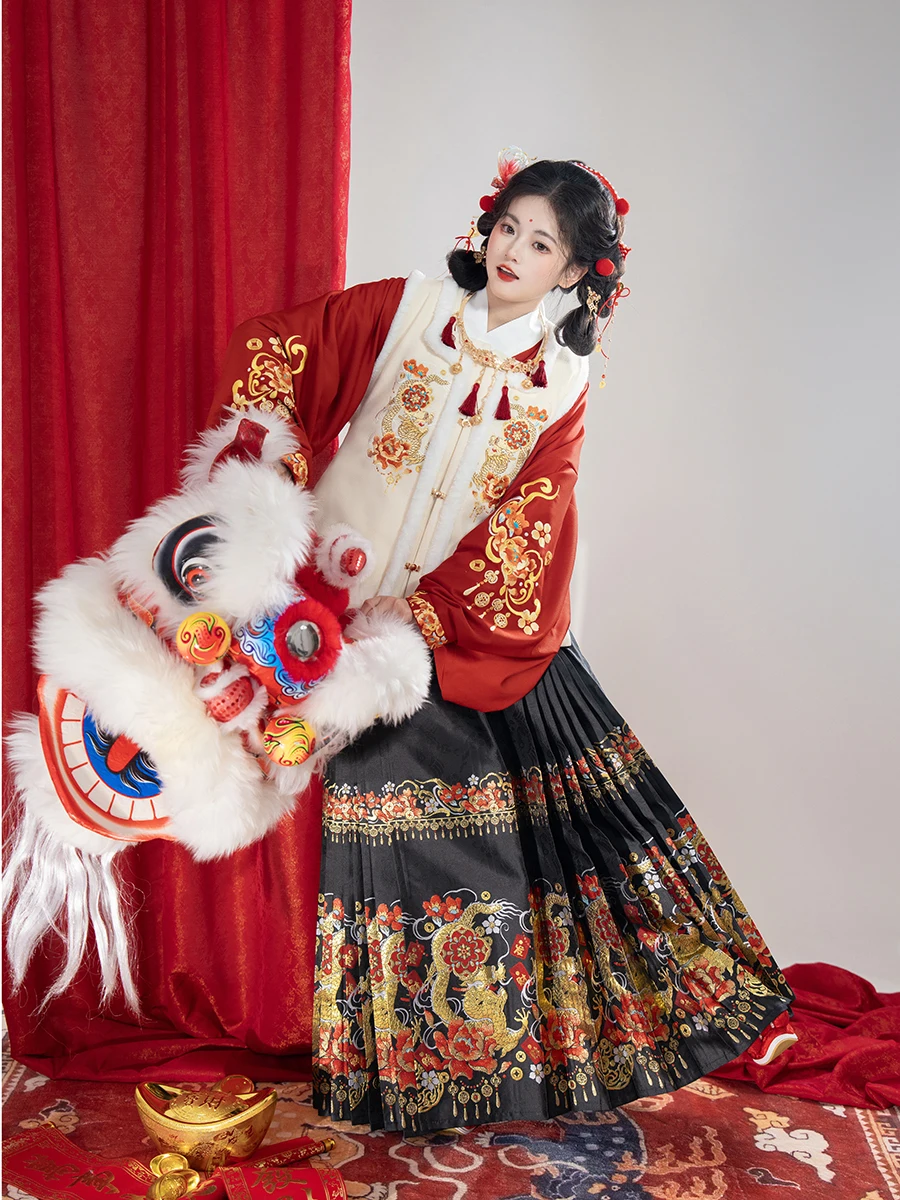 오리지널 Ming Hanfu 여성용 위빙 골드 모조 메이크업 꽃, 새해 서비스, 6 계량기 말 얼굴 스커트, 용수철 및 가을