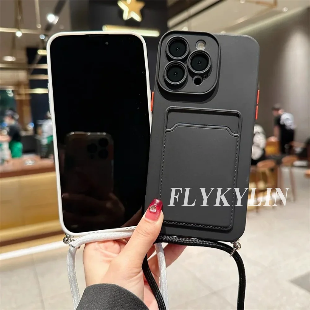 Flat Rope Solid Color Card Holder Phone Case with Soft Silicone and Hanging Rope Design