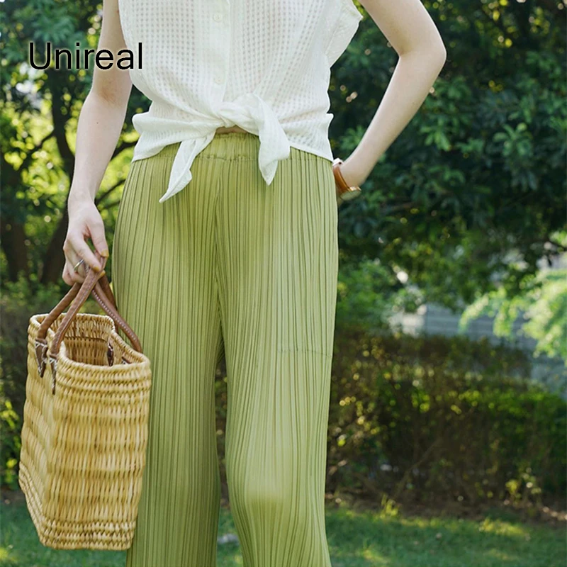

Unireal 2022 Summer Women Wide Leg Pant High Waist White Black Pleated Elastic Vintage Palazzo Pant Casual Trousers