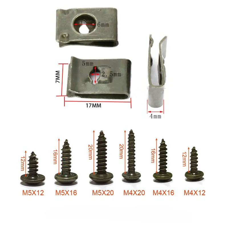 M4 M5 Motorcycle Car Scooter ATV Moped Ebike Plastic Cover Metal Retainer Self-tapping Screw and Clips 20/10 Sets