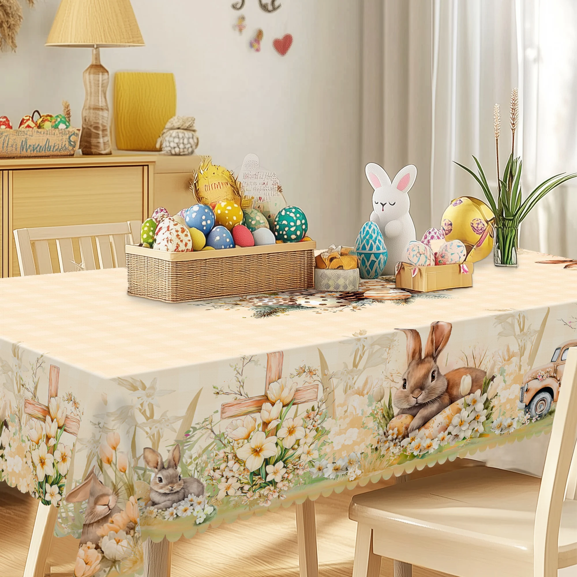 1 Easter Spring Round Tablecloth, 5 Sizes Available, Cross Rabbit Egg Pattern Printed Tablecloth, Edge Embossing Process, Spring Garden Tablecloth Decoration, Tablecloth for Daily Home Kitchen, Terrace Use, Spring Decoration 3