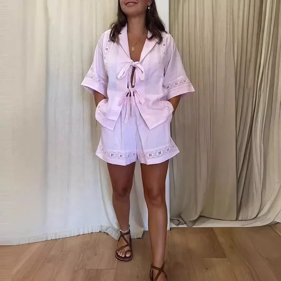 Women Summer 2 Piece Set Bow Lace Up Shirts with Shorts Chic Patchwork Short Pant Suit Solid Hollow Out Casual Sexy Outfits