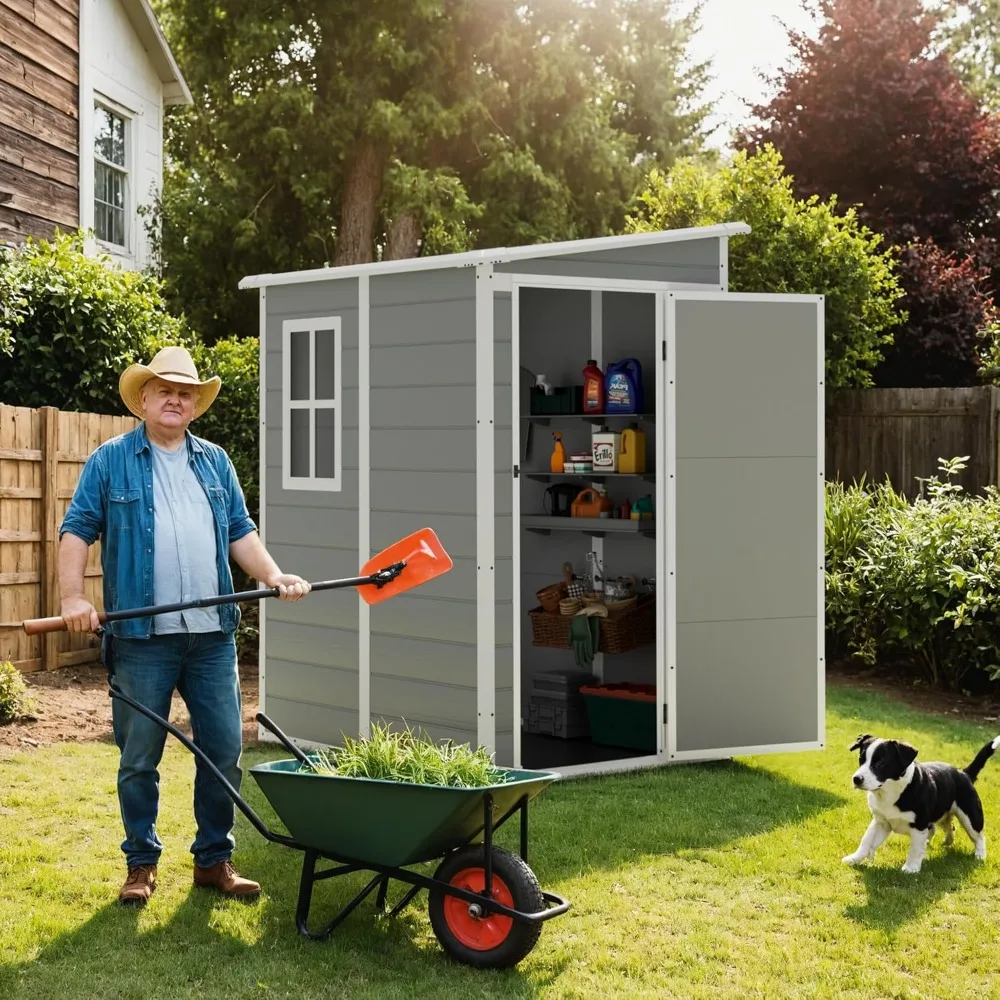 5' x 4' Resin Weather Resistant Outdoor Storage Shed with Floor for Garden,Backyard,Pool Tool, Light Grey 2