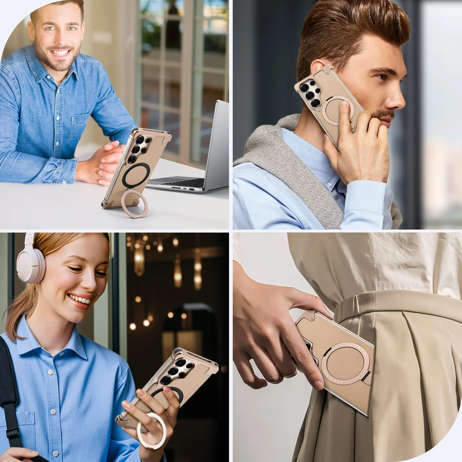 Eary for Samsung Galaxy S25 Ultra Phone Case with 360° Rotatable Magnetic Stand Wireless Charging Bumper Leather Frameless Cover