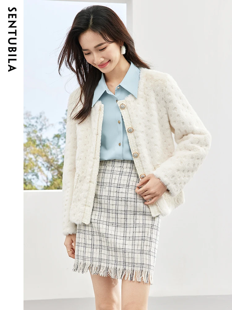 

Sentubila Women's Fluffy Short Jacket 2023 Autumn Winter New Crew Neck Single Breasted Thick Warm Straight Outwear Top W34P50206