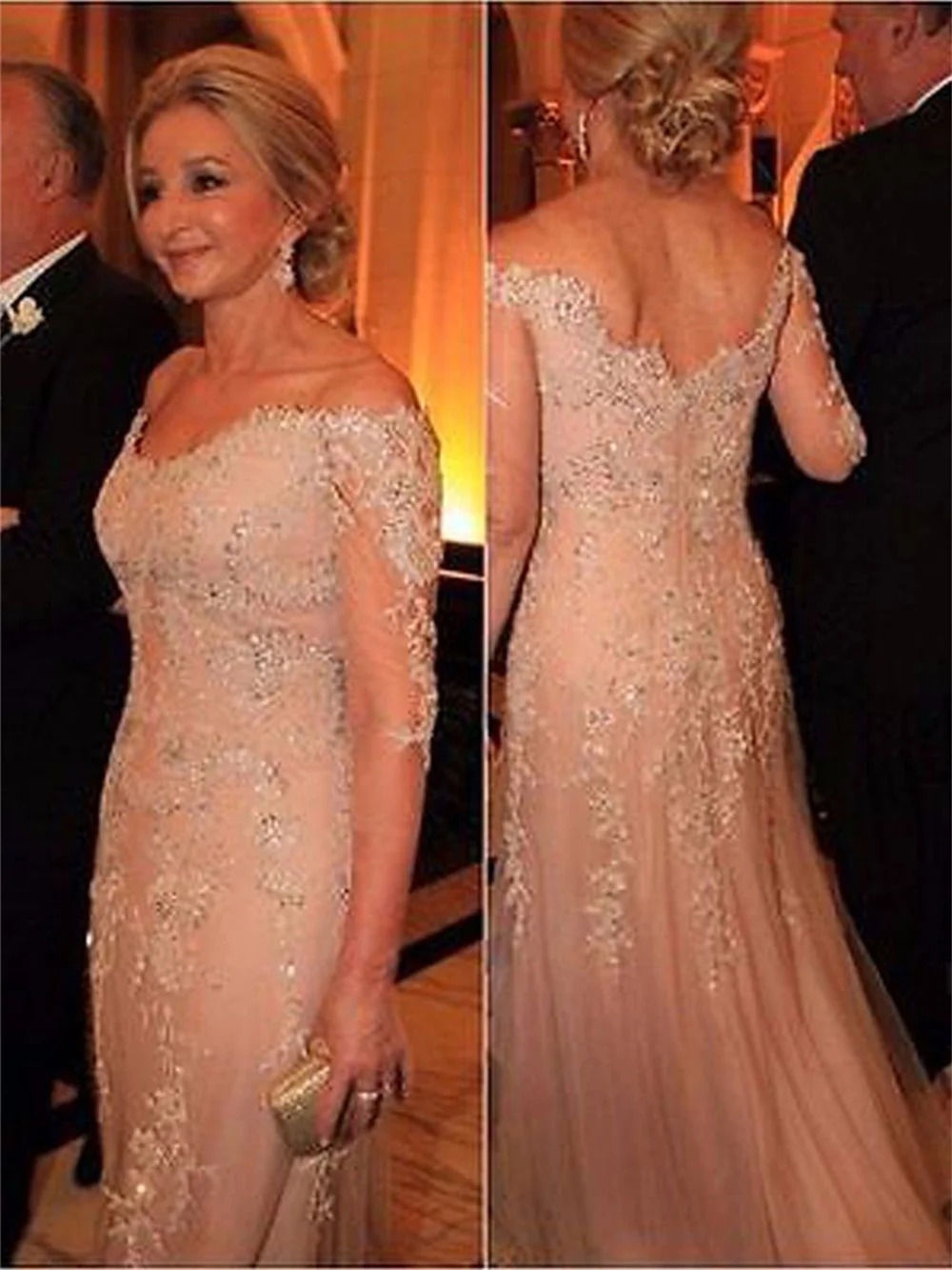 

Vintage Mother of The Bride Dresses A-line V-neck 3/4 Sleeves Wedding Party Gowns Tulle Appliques Mother Dresses