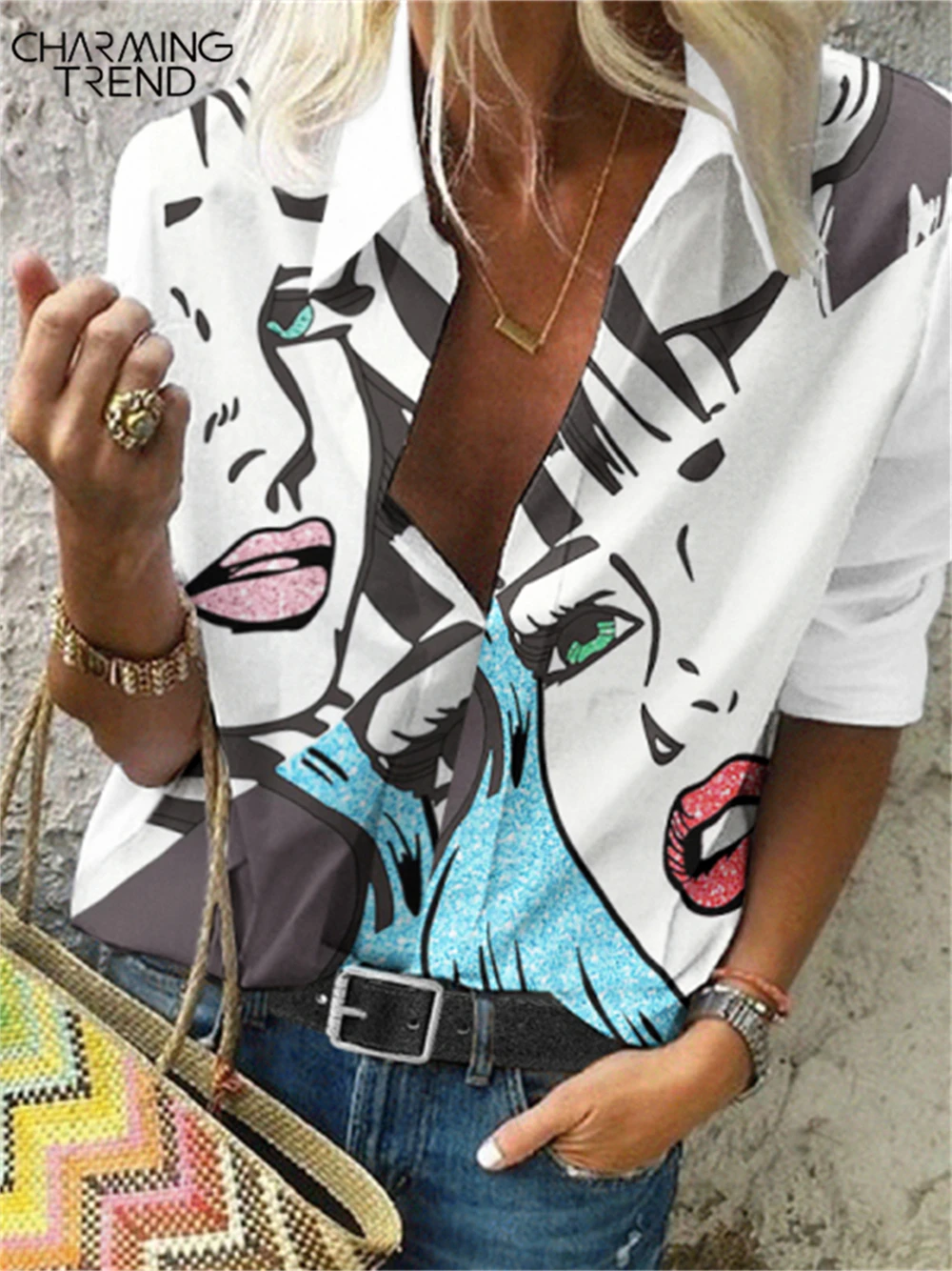 

Charmingtrend Blouse Women Fashion Art Print Long Sleeve Turn-Down Collar Shirt Women Elegant Tops Female Casual Loose Blouse