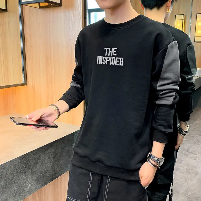 Men's Clothing Stylish Letter Embroidery Pullovers Spring Autumn Round Neck Korean Loose Spliced Long Sleeve Basic Sweatshirts