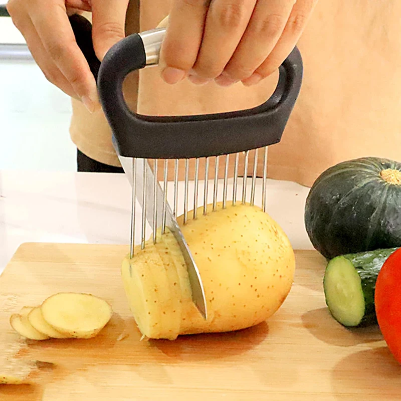 Stainless Steel Onion Cutter Holder Vegetables Fruit Slicer Tomato Potato Onion Chopper Vegetables Cutting Fork Kitchen Gadgets 3