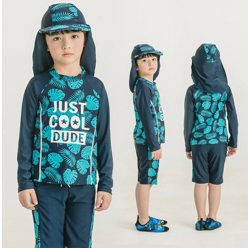 

New Suncare 2-10Y Boys Kid Swimwear Swimming Bathing Surfing Swimsuit Set Tops+Pants+ Cap Children Boys Swimwear Suit Kid