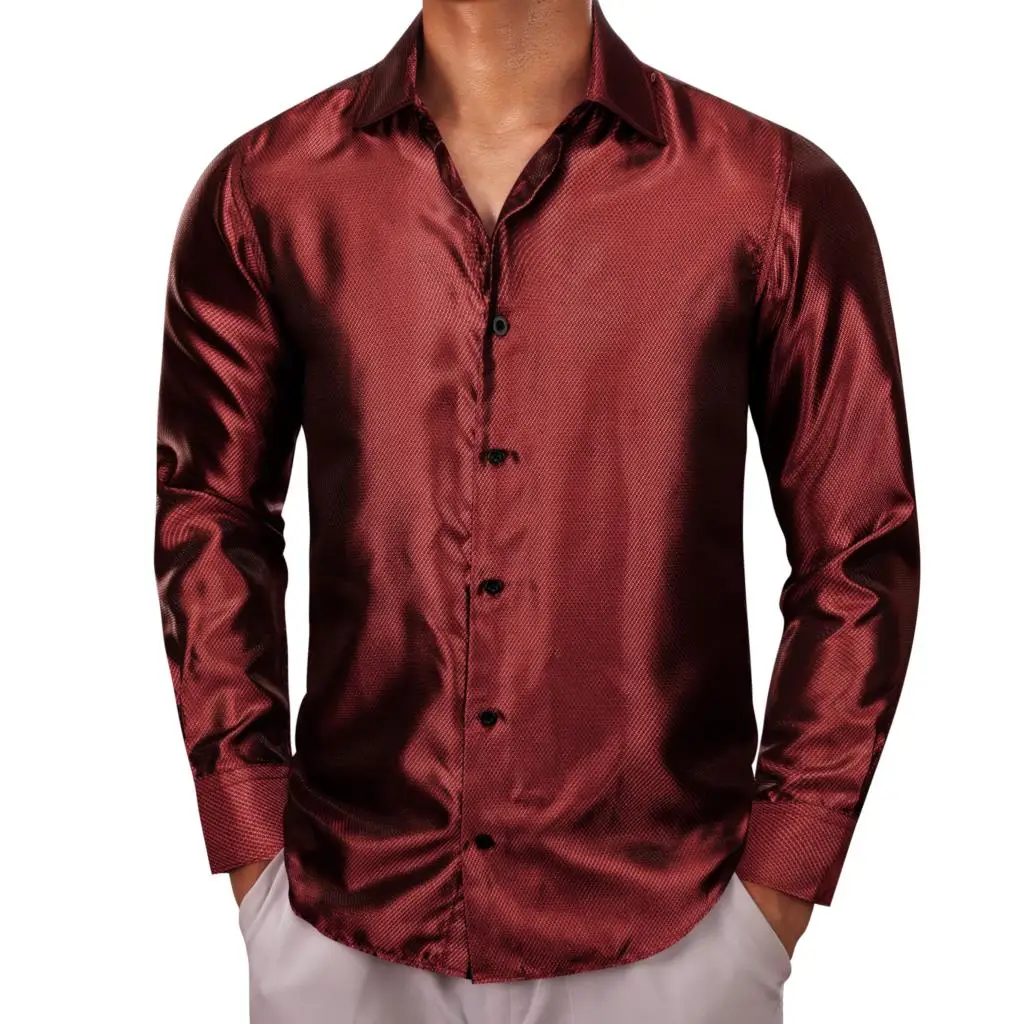 

Luxury Shirts for Men Silk Red Burgundy Solid Plain Long Sleeve Slim Fit Male Blouses Lapel Tops Brtathable Barry Wang