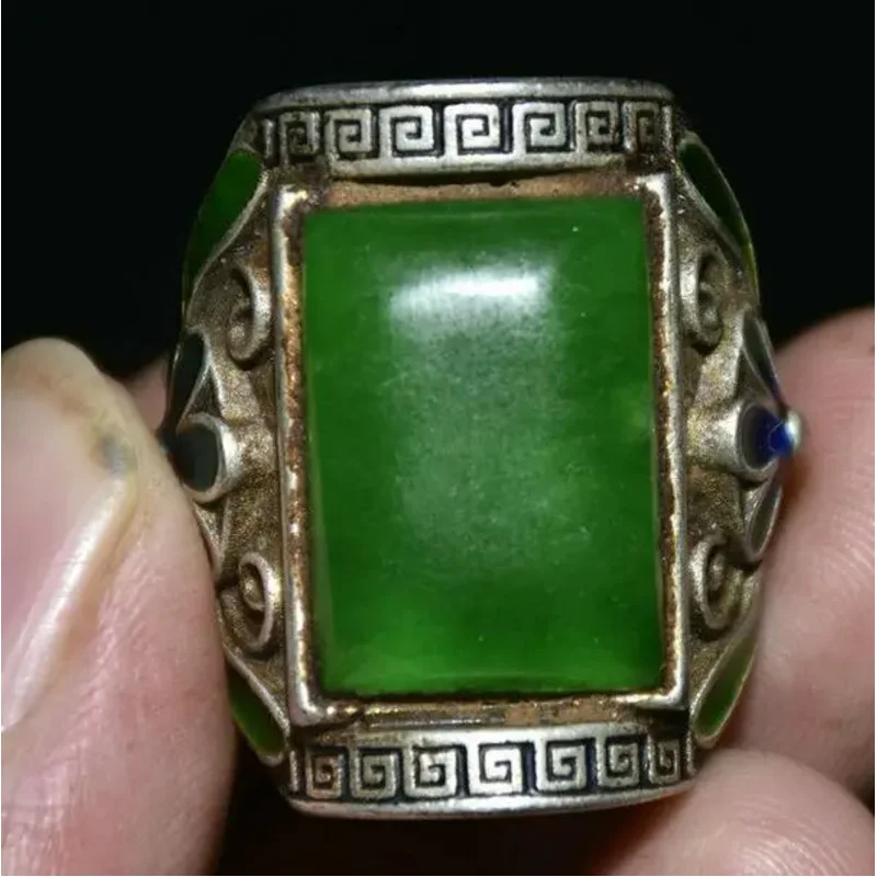 

1,2 "старая китайская эмалированная Серебряная Инкрустация зеленая искусственная династия Дворцовое кольцо на палец