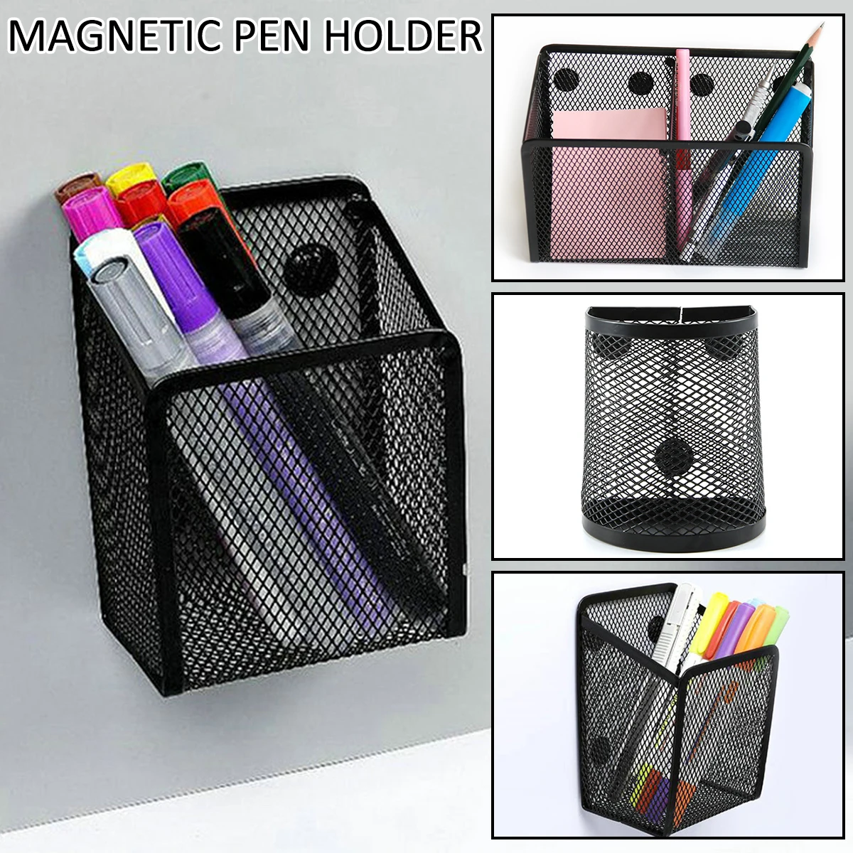 Pen Holder Desk Organizer Pen and Brush Holder Mesh Magnetic Pencil Holder Metal Stationary Organizer Desktop Stationery Storage Mesh Basket for Refrigerator Locker Office