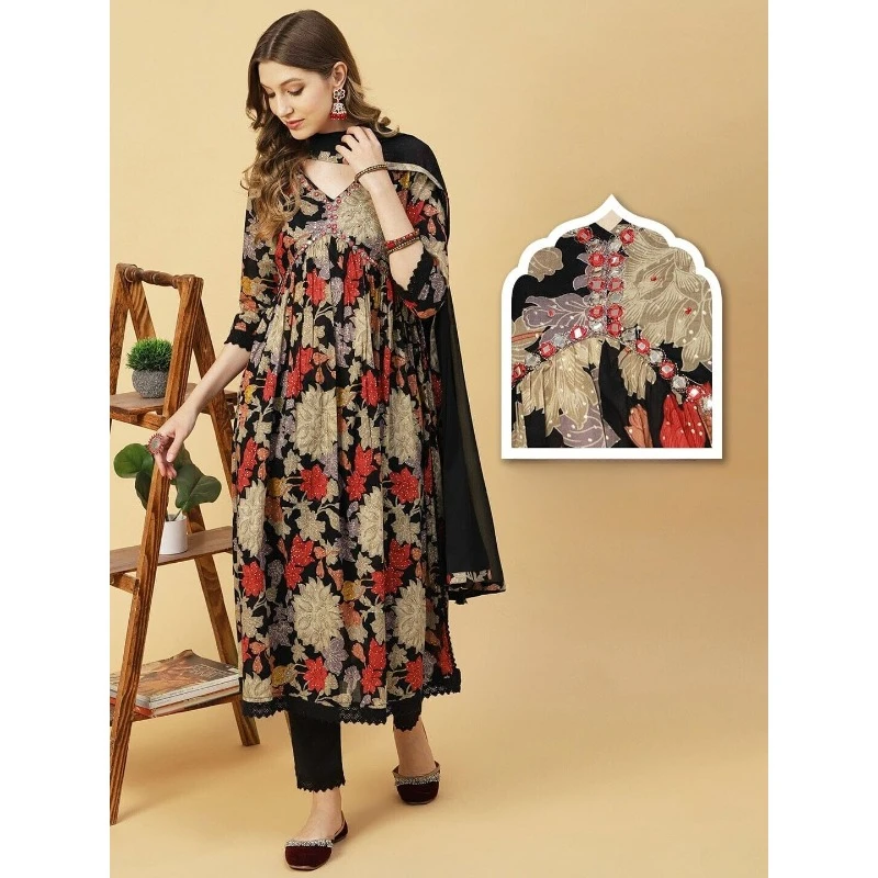 

Fashionable Artificial Silk Fabric Alia Cut Long Print Salwar Kurti Pants and Dupatta Dress Set