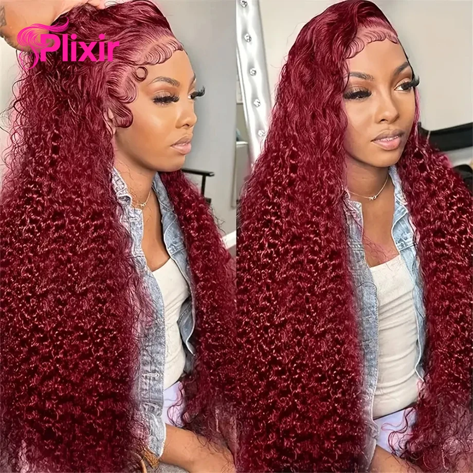 Burgundy 13x6 Hd Lace Frontal Human Hair Wig Deep Water Wave Curly Wigs For Women 99j Red Colored 30 Inch 13x4 Lace Front Wigs 4