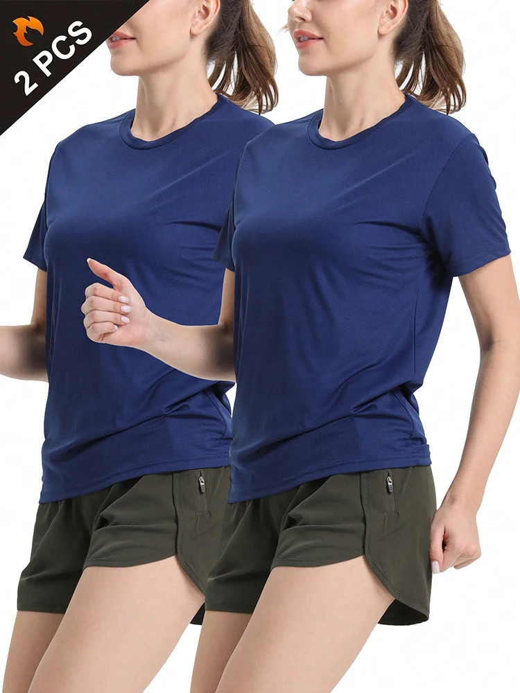 Women's Solid Color Ultralight Quick Dry Sport T-Shirt Breathable Lightweight Top For Fitness Training Workout Running Gym 2Pcs