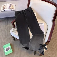 140Kg Plus Size Women's Hip 126 Autumn Loose Slightly Flared Elastic High Waisted Jeans Split Denim Pants 2XL 3XL 4XL 5XL 6XL
