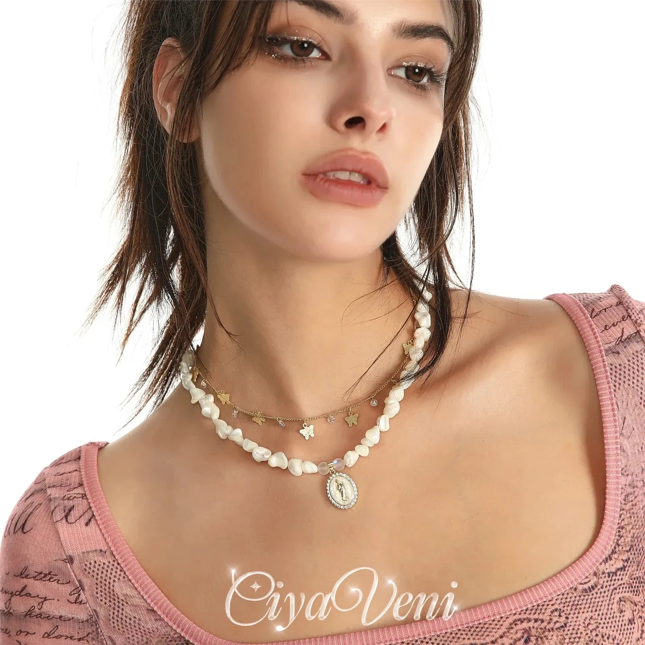 

Light luxury high-end feeling niche European American zircon studded pearl Double layered necklace collarbone chain neck chain